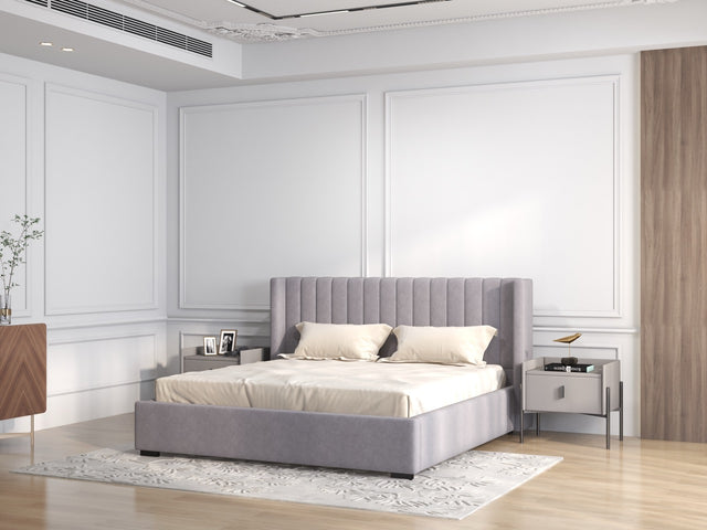 Pat dormitor tapitat gri, Marco 140x200 cm, somiera rabatabila inclusa, spatiu depozitare