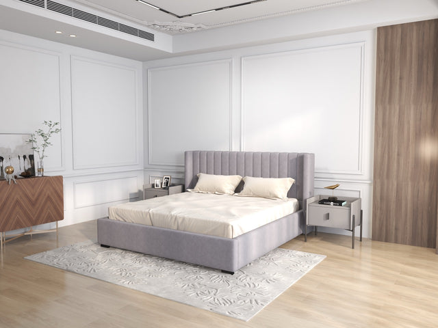 Pat dormitor tapitat gri, Marco 140x200 cm, somiera rabatabila inclusa, spatiu depozitare