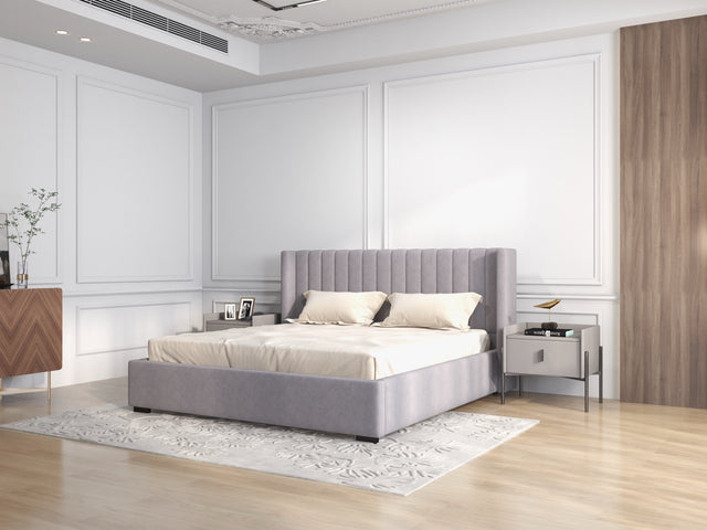 Pat dormitor tapitat gri, Marco 140x200 cm, somiera rabatabila inclusa, spatiu depozitare