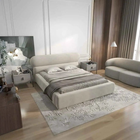 Pat dormitor tapitat bej, Amos 160x200 cm, somiera rabatabila inclusa, spatiu depozitare ULK