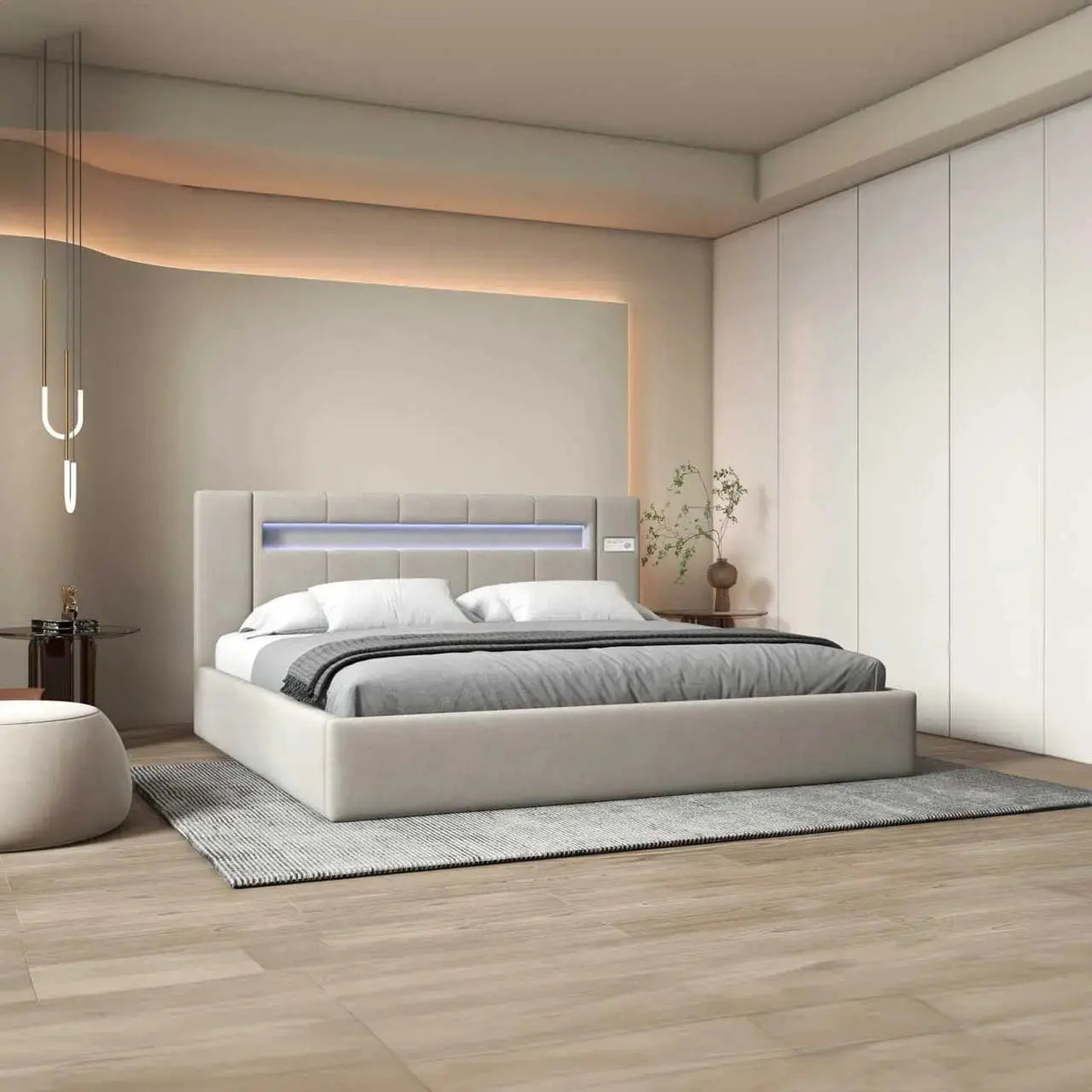 Pat dormitor, tapitat bej cu LED si SISTEM AUDIO, Glow 160x200 cm, somiera rabatabila inclusa, spatiu depozitare WLS