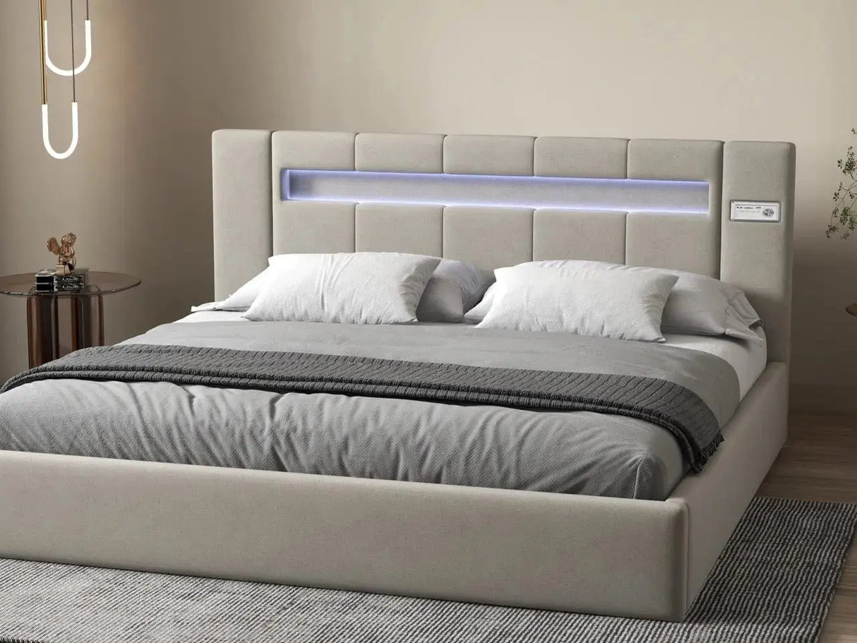 Pat dormitor, tapitat bej cu LED si SISTEM AUDIO, Glow 160x200 cm, somiera rabatabila inclusa, spatiu depozitare WLS