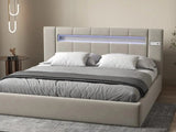 Pat dormitor, tapitat bej cu LED si SISTEM AUDIO, Glow 160x200 cm, somiera rabatabila inclusa, spatiu depozitare WLS