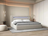 Pat dormitor, tapitat bej cu LED si SISTEM AUDIO, Glow 160x200 cm, somiera rabatabila inclusa, spatiu depozitare WLS
