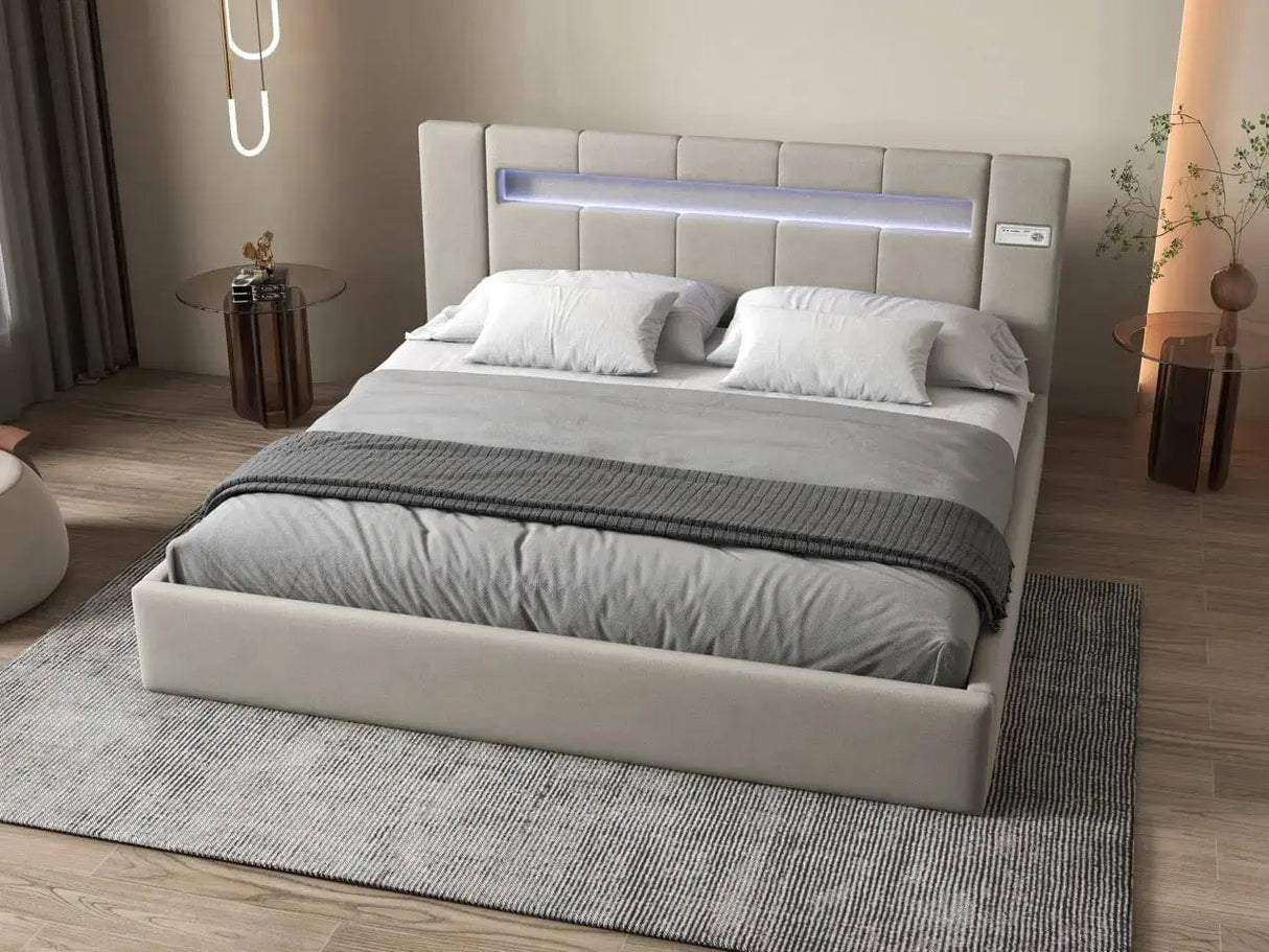 Pat dormitor, tapitat bej cu LED si SISTEM AUDIO, Glow 160x200 cm, somiera rabatabila inclusa, spatiu depozitare WLS