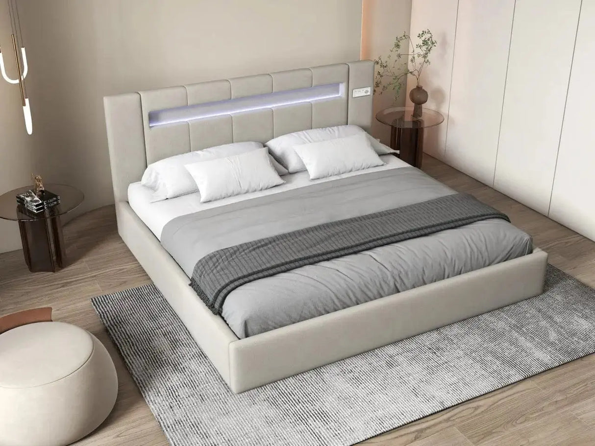 Pat dormitor, tapitat bej cu LED si SISTEM AUDIO, Glow 160x200 cm, somiera rabatabila inclusa, spatiu depozitare WLS