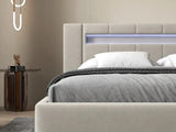 Pat dormitor, tapitat bej cu LED si SISTEM AUDIO, Glow 160x200 cm, somiera rabatabila inclusa, spatiu depozitare WLS