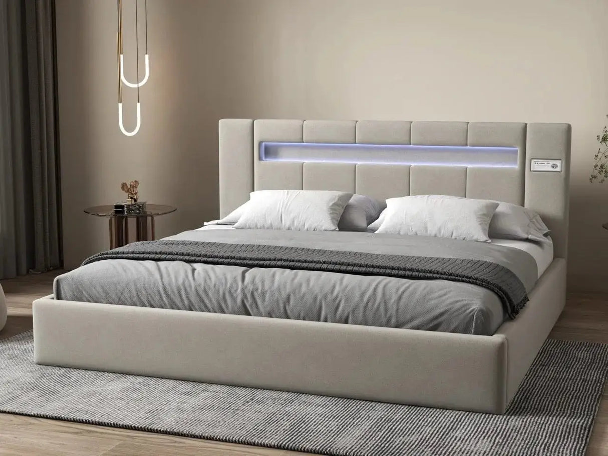 Pat dormitor, tapitat bej cu LED si SISTEM AUDIO, Glow 160x200 cm, somiera rabatabila inclusa, spatiu depozitare WLS