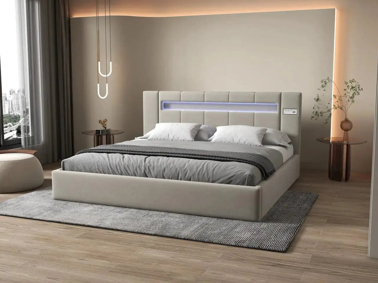 Pat dormitor, tapitat bej cu LED si SISTEM AUDIO, Glow 160x200 cm, somiera rabatabila inclusa, spatiu depozitare WLS