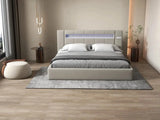 Pat dormitor, tapitat bej cu LED si SISTEM AUDIO, Glow 160x200 cm, somiera rabatabila inclusa, spatiu depozitare WLS