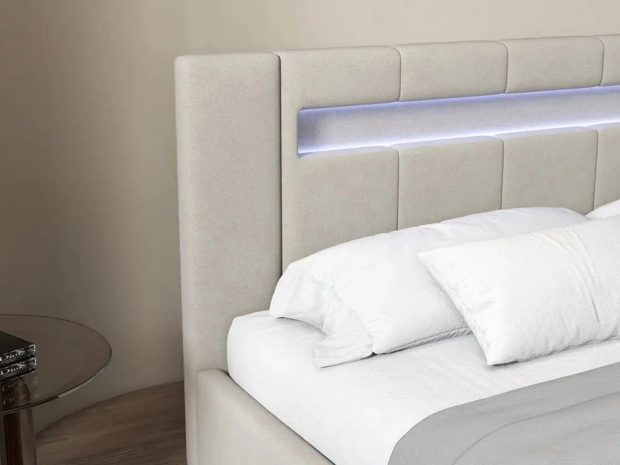 Pat dormitor, tapitat bej cu LED si SISTEM AUDIO, Glow 160x200 cm, somiera rabatabila inclusa, spatiu depozitare WLS