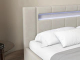 Pat dormitor, tapitat bej cu LED si SISTEM AUDIO, Glow 160x200 cm, somiera rabatabila inclusa, spatiu depozitare WLS