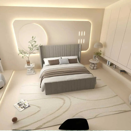 Pat dormitor, tapitat bej, cu LED, USB, Lisbon 160x200 cm, somiera rabatabila inclusa, spatiu depozitare WLS