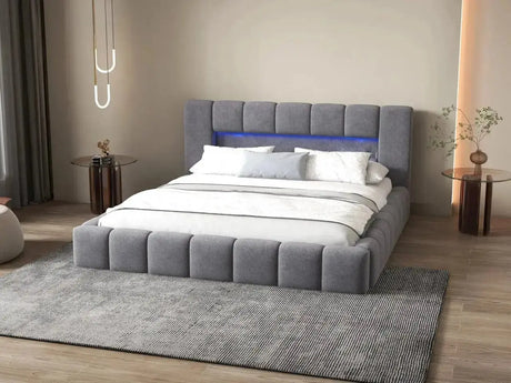 Pat dormitor, tapitat gri cu LED si USB, Palermo 160x200 cm, somiera rabatabila inclusa, spatiu depozitare WLS