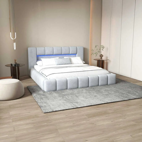 Pat dormitor, tapitat gri cu LED si USB, Palermo 160x200 cm, somiera rabatabila inclusa, spatiu depozitare WLS