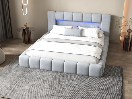 Pat dormitor, tapitat gri cu LED si USB, Palermo 160x200 cm, somiera rabatabila inclusa, spatiu depozitare WLS