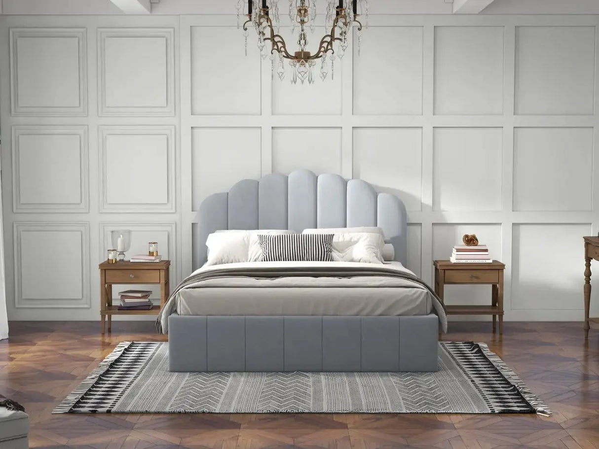 Pat dormitor, tapitat gri, Amira 180x200 cm, somiera rabatabila inclusa, spatiu depozitare WLS