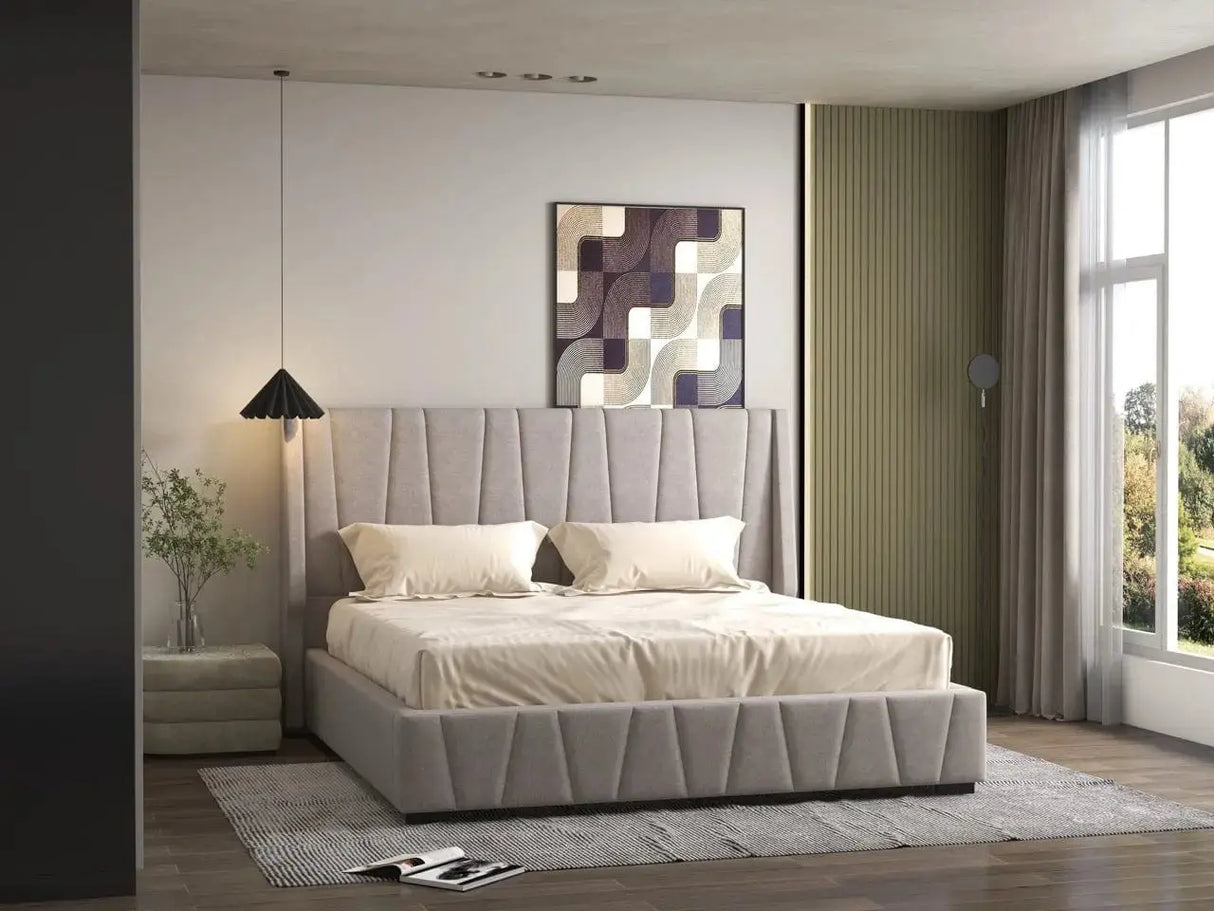 Pat dormitor, tapitat gri, Ibiza 160x200 cm, somiera rabatabila inclusa, spatiu depozitare LFG