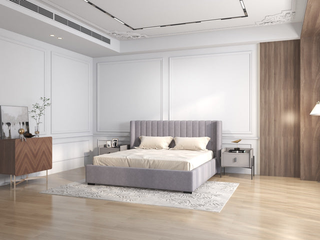 Pat dormitor tapitat gri, Marco 140x200 cm, somiera rabatabila inclusa, spatiu depozitare