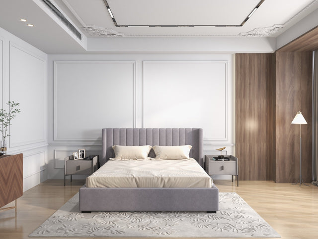 Pat dormitor tapitat gri, Marco 140x200 cm, somiera rabatabila inclusa, spatiu depozitare